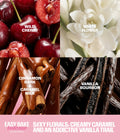 Huda Beauty Easy Bake Intense fragrance notes flat lay with cherry and vanilla