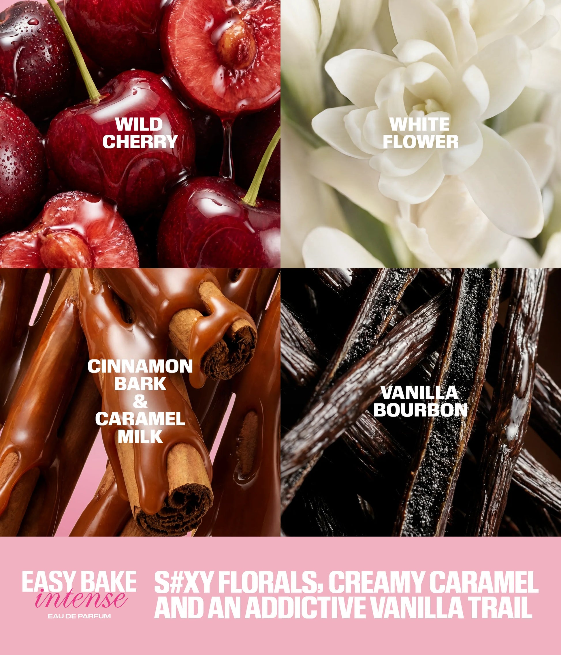 Huda Beauty Easy Bake Intense fragrance notes flat lay with cherry and vanilla