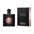 Yves Saint Laurent Black Opium luxury fragrance with black glittered bottle and matching packaging, pink accent in center, 50ml.