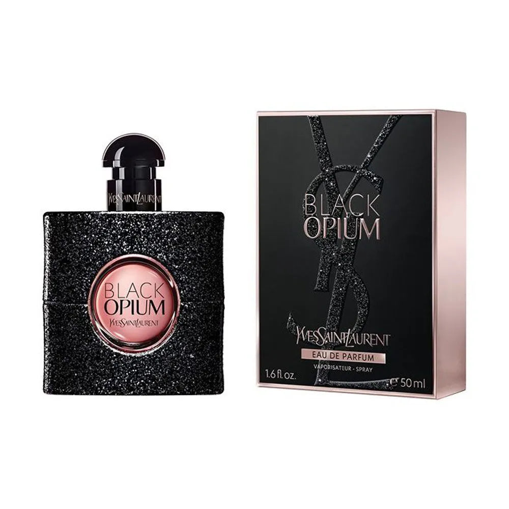 Yves Saint Laurent Black Opium luxury fragrance with black glittered bottle and matching packaging, pink accent in center, 50ml.