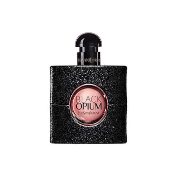 Yves Saint Laurent Black Opium Eau de Parfum 50ml bottle with black glitter and pink center, front view on white background.