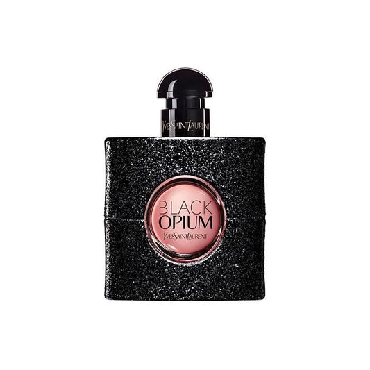Yves Saint Laurent Black Opium Eau de Parfum 50ml bottle with black glitter and pink center, front view on white background.