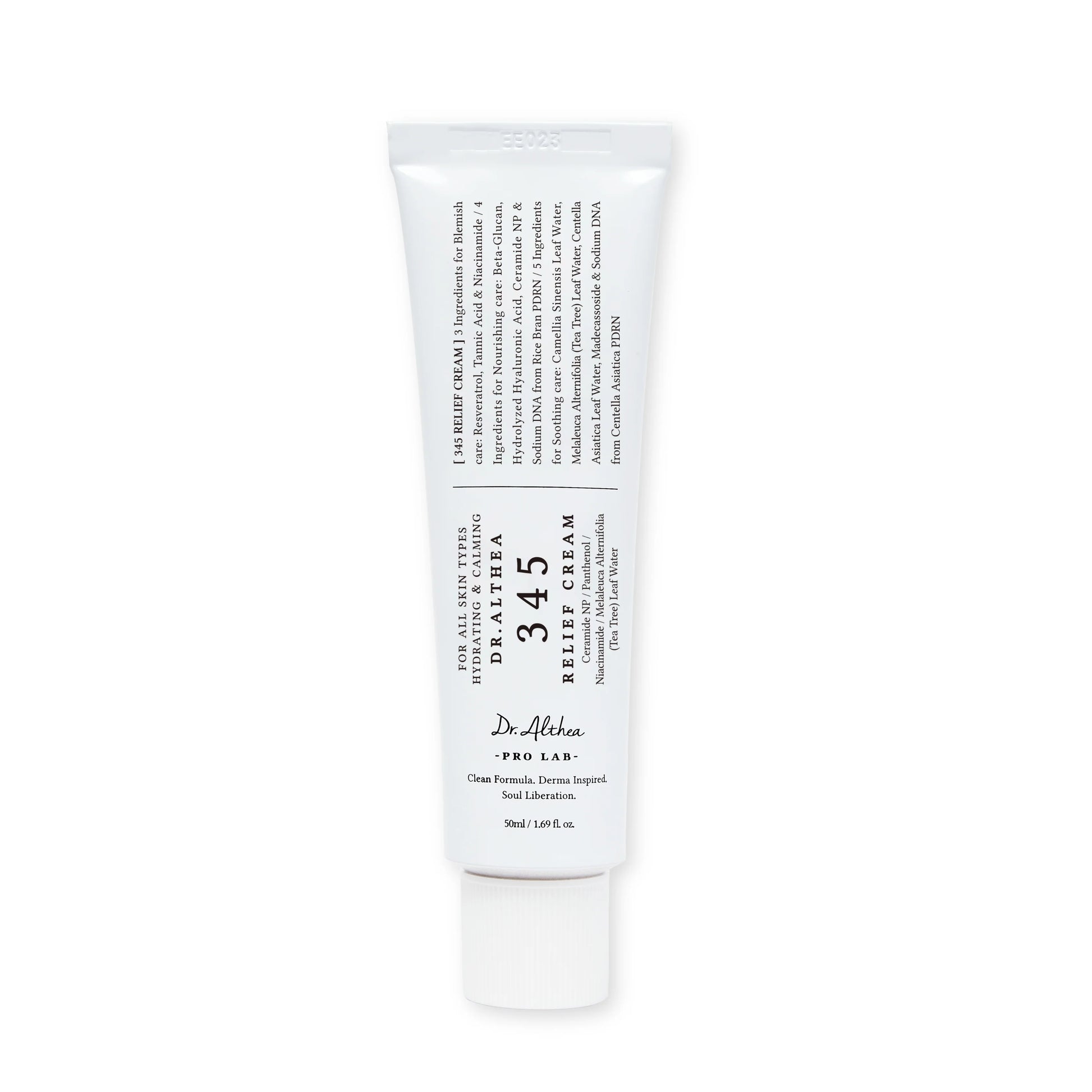 Dr. Althea 345 Relief Cream tube and model applying cream on cheek, representing gentle post-acne skin repair, hydration, and calming skincare for sensitive skin