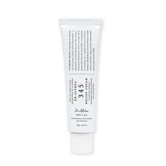 Dr. Althea 345 Relief Cream tube and model applying cream on cheek, representing gentle post-acne skin repair, hydration, and calming skincare for sensitive skin
