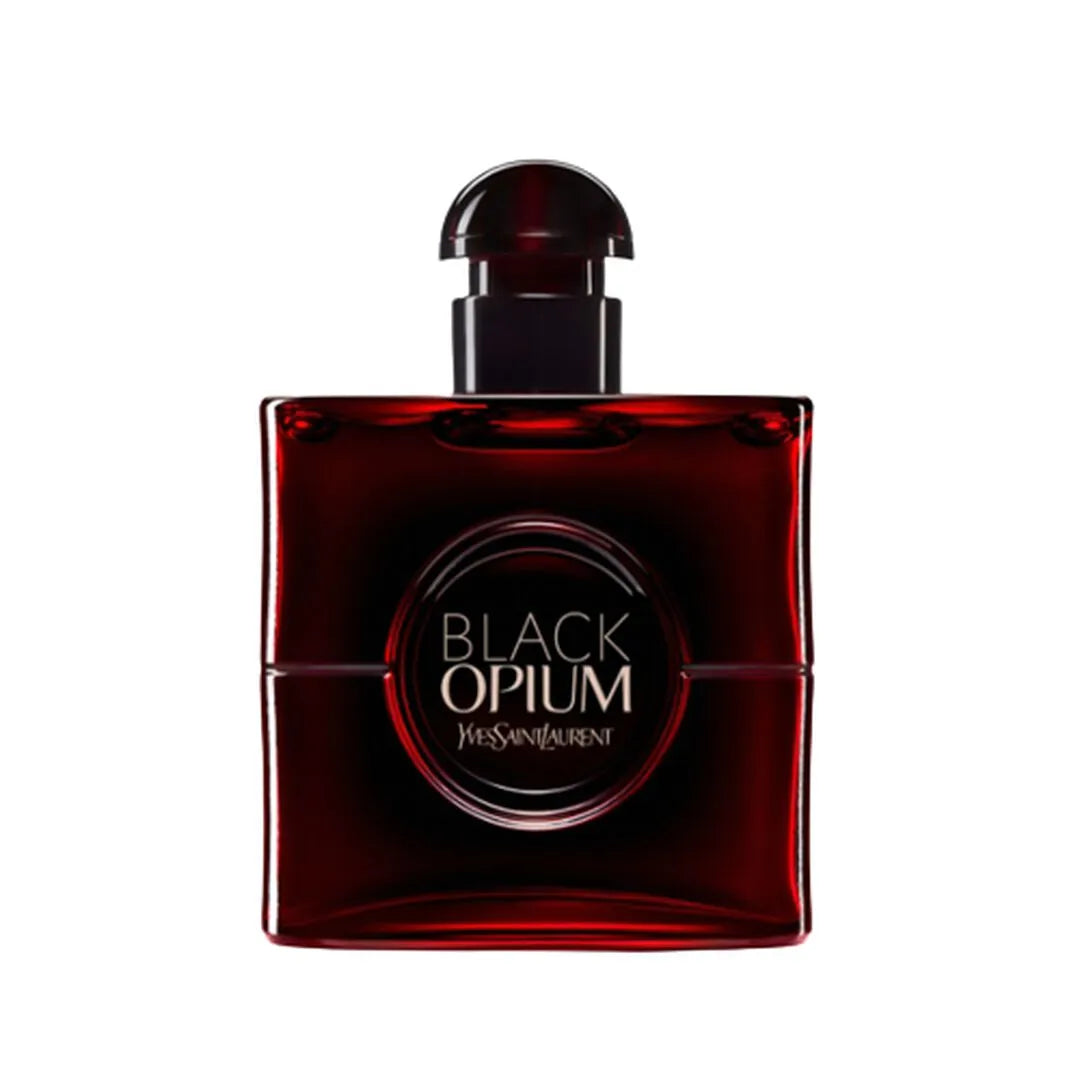 Yves Saint Laurent Black Opium Eau de Parfum Over Red 50ml bottle in dark red lacquer with circular center, front view.