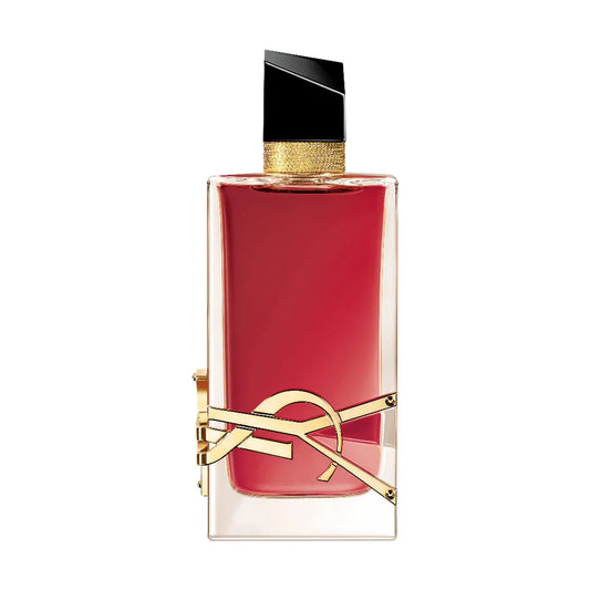 YSL LIBRE Berry Crush Eau de Parfum featuring a vibrant berry-red fragrance bottle with iconic gold YSL hardware and a black asymmetrical cap beside its matching luxury gift box.