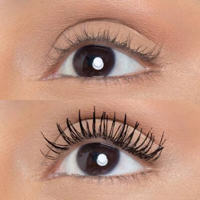 Alt tag: Huda Beauty Legit Lashes mascara before and after eye comparison showing lengthening and volume results at ZARÉ Cosmetics