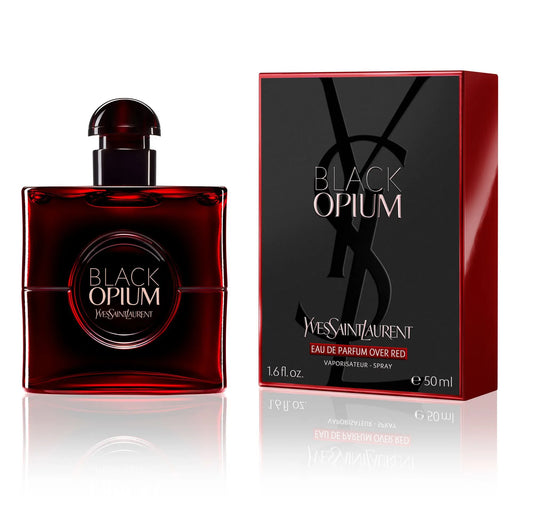Yves Saint Laurent Black Opium Eau de Parfum Over Red with matching red and black packaging, 50ml, featuring cherry-inspired floral gourmand fragrance.