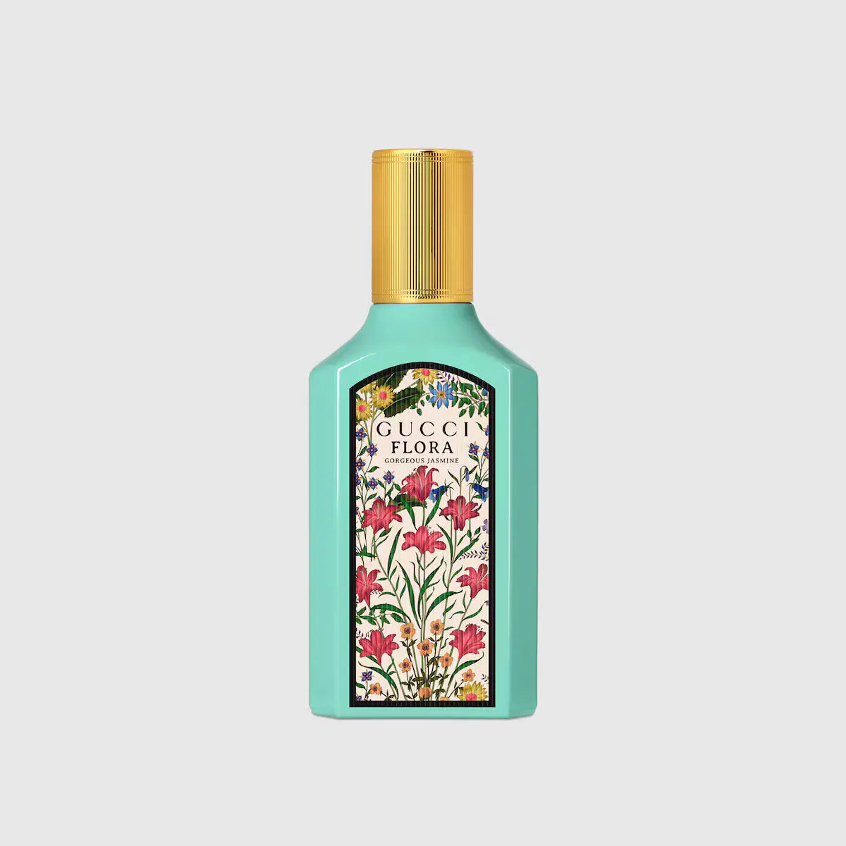 Gucci Flora Gorgeous Jasmine luxury women's perfume featuring jasmine-inspired floral design and turquoise glass bottle.