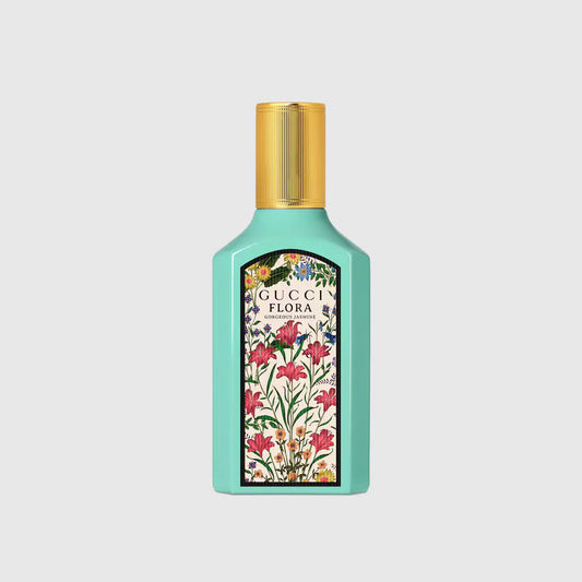 Gucci Flora Gorgeous Jasmine luxury women's perfume featuring jasmine-inspired floral design and turquoise glass bottle.