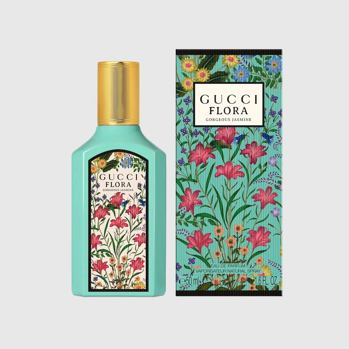 Gucci Flora Gorgeous Jasmine Eau de Parfum in a turquoise bottle with gold cap and signature floral artwork packaging.