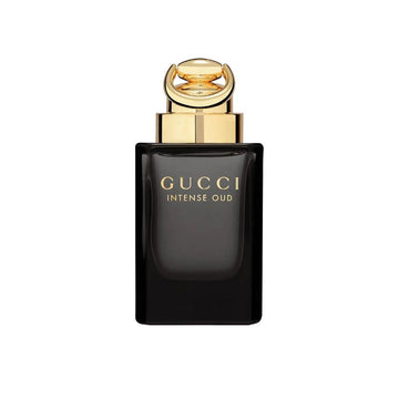 Gucci Intense Oud Eau de Parfum black luxury fragrance bottle with gold cap and elegant gold lettering.