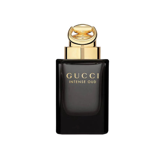 Gucci Intense Oud Eau de Parfum black luxury fragrance bottle with gold cap and elegant gold lettering.
