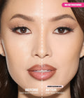Before and after using Huda Beauty Easy Bake Pressed Powder in Cherry Blossom Cake, with a smoother, matte finish and no retouching