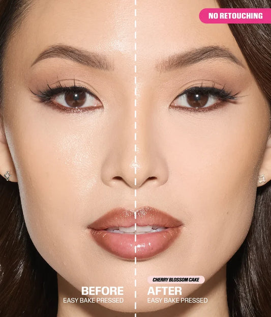 Before and after using Huda Beauty Easy Bake Pressed Powder in Cherry Blossom Cake, with a smoother, matte finish and no retouching