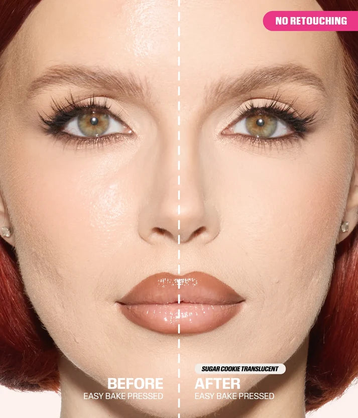 Before and after using Huda Beauty Easy Bake Pressed Powder in Sugar Cookie Translucent, with a smoother, matte finish and no retouching