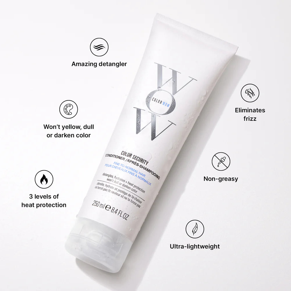 Color Wow Conditioner highlights showing benefits including detangling, frizz control, heat protection, and non-greasy lightweight formula