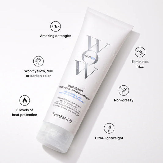 Color Wow Conditioner highlights showing benefits including detangling, frizz control, heat protection, and non-greasy lightweight formula