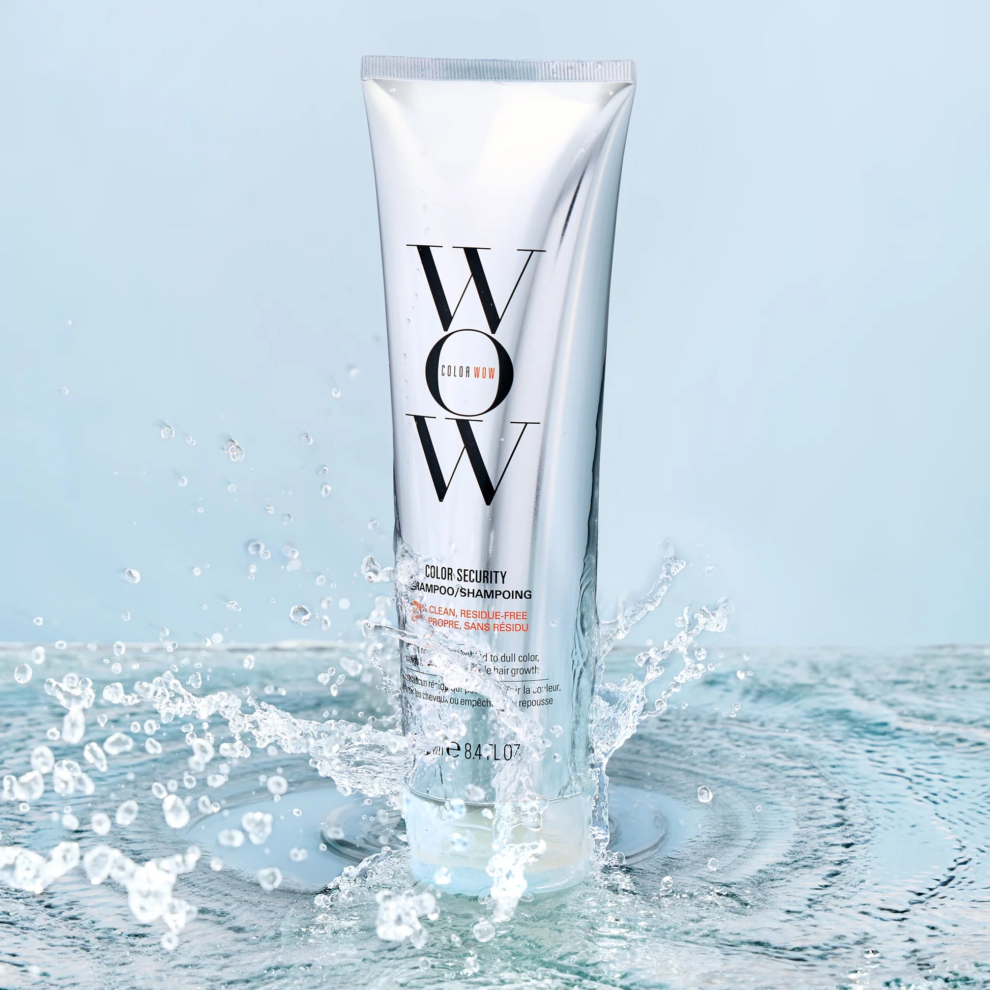 Color Wow Color Security Shampoo bottle with water splash effect highlighting fresh cleansing and scalp purification