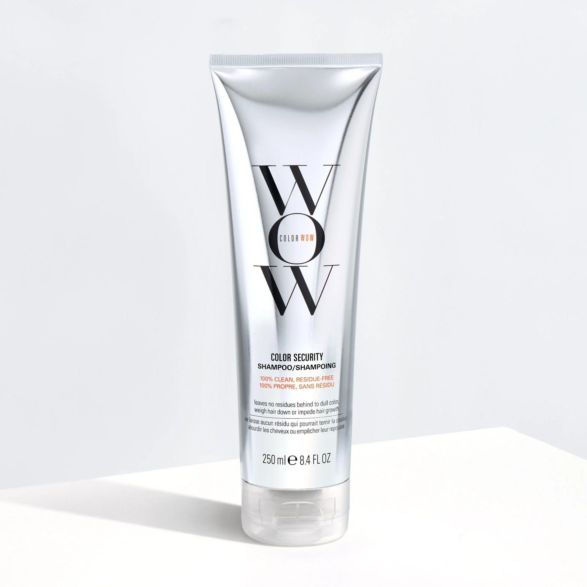 Color Wow Color Security Shampoo 250ml white bottle with silver branding on clean studio background showing professional haircare packaging