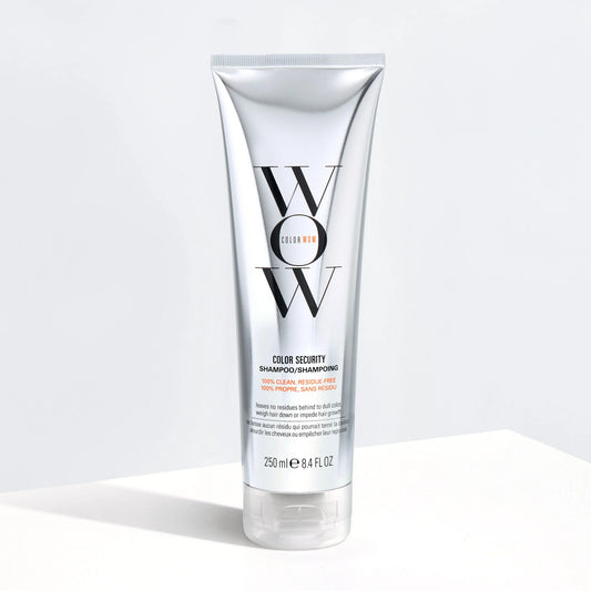 Color Wow Color Security Shampoo 250ml white bottle with silver branding on clean studio background showing professional haircare packaging