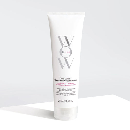 Color Wow Color Security Conditioner for Normal to Thick Hair 250ml bottle with clean white packaging showing before and after of smooth, shiny, frizz-free hair transformation