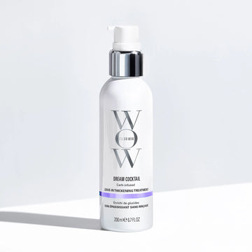 Color Wow Dream Cocktail Carb-Infused Leave-In Treatment bottle with before and after showing fine flat hair transformed into thick voluminous hair after blow-dry styling effect