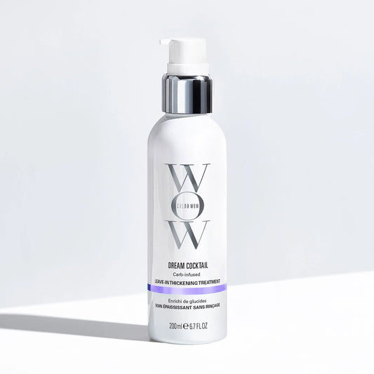 Color Wow Dream Cocktail Carb-Infused Leave-In Treatment bottle with before and after showing fine flat hair transformed into thick voluminous hair after blow-dry styling effect