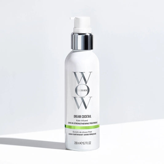 Color Wow Dream Cocktail Kale-Infused Leave-In Treatment bottle shown with before and after hair transformation from damaged brittle hair to smooth strong healthy hair after blow-dry use
