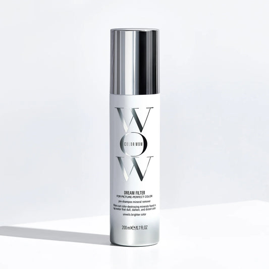 Color Wow Pre Shampoo Mineral Detox spray applied to wet hair in shower removing mineral buildup with before-and-after effect showing brighter, cleaner, healthier hair color