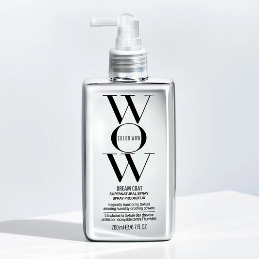 Color Wow Dream Coat Supernatural Spray bottle on clean background with sleek straight frizz-free glossy hair showing humidity-proof glass hair transformation before and after effect