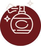 Minimalist fragrance spray bottle icon with sparkle graphics inside a maroon circular logo backdrop at ZARÉ Cosmetics