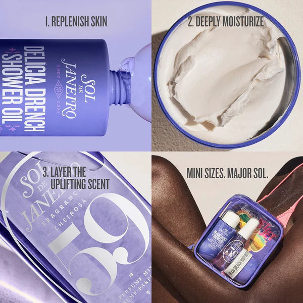 Sol de Janeiro Delicia Drench Jet Set body care routine steps with shower oil, body butter, and mist 59 at ZARÉ Cosmetics