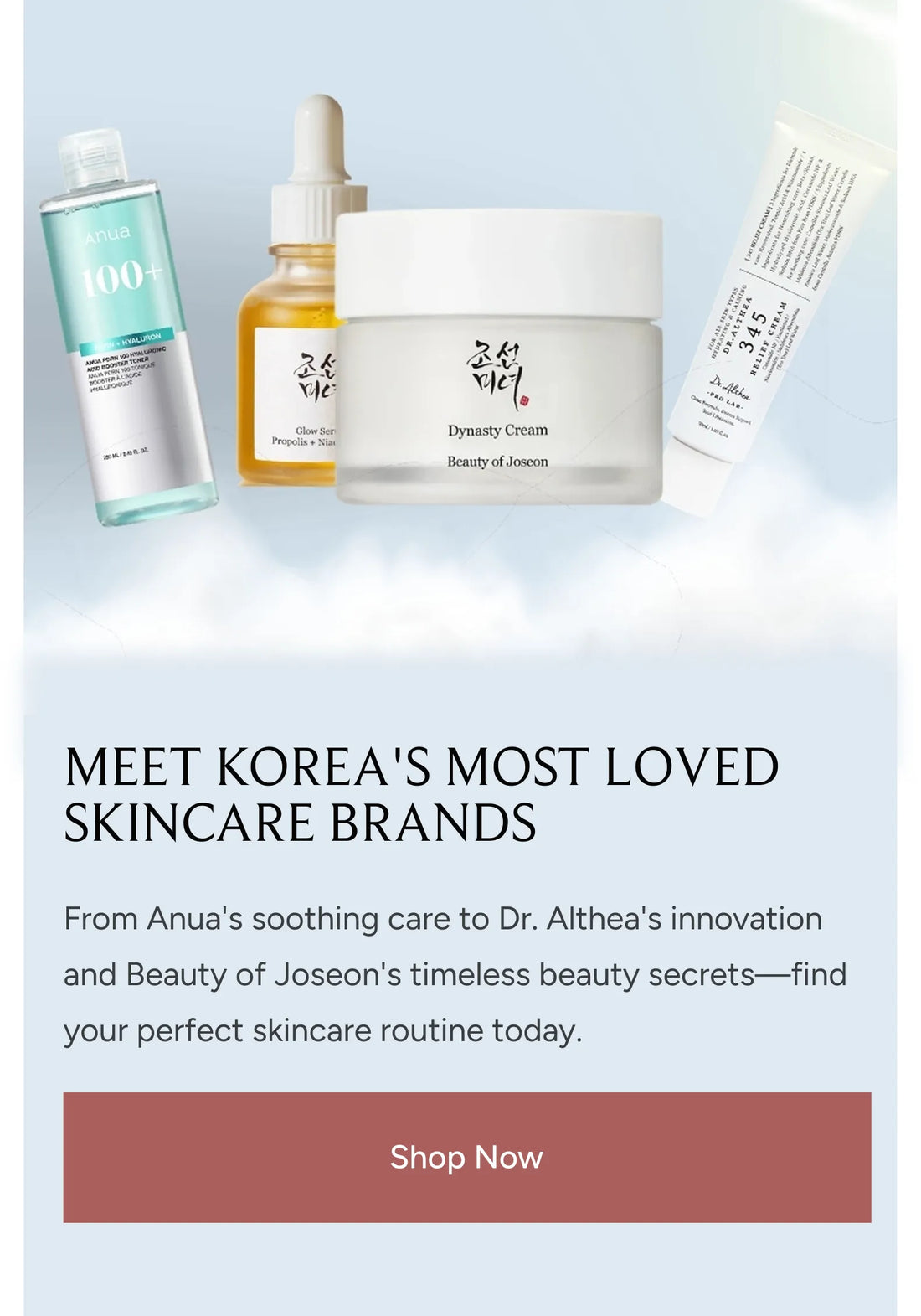 Discover Korea's most loved skincare brands including Anua, Beauty of Joseon, and Dr. Althea.