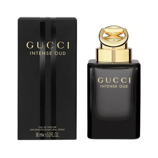 Gucci Intense Oud Eau de Parfum with black and gold packaging showcasing a rich unisex oud fragrance.