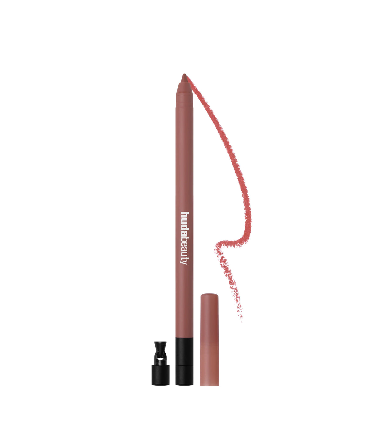 Huda Beauty Lip Contour 2.0 matte lip pencil in Bombshell Pinky Brown with cap, sharpener and a line swatch