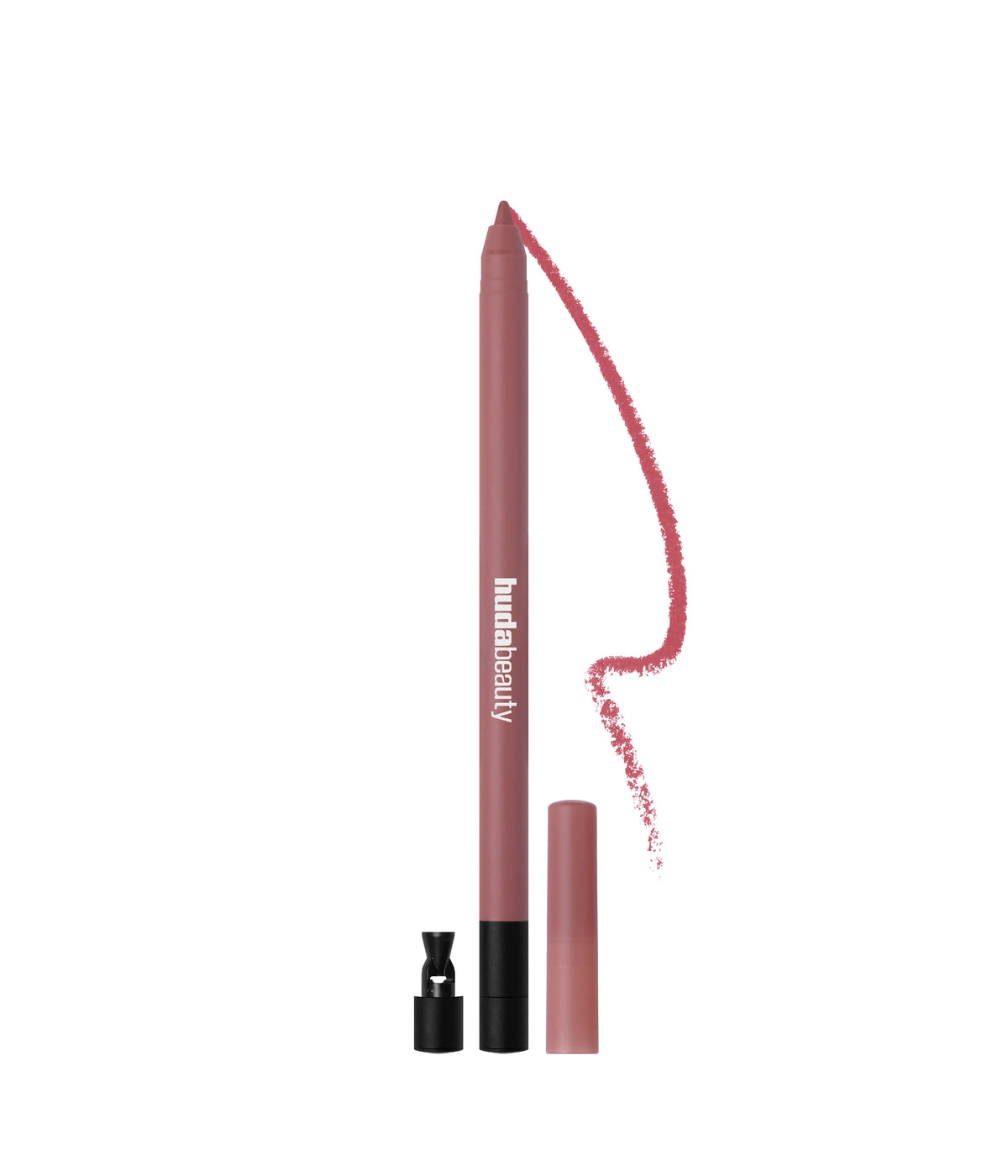 Huda Beauty Lip Contour 2.0 matte lip pencil in Muted Pink with cap, sharpener and a line swatch