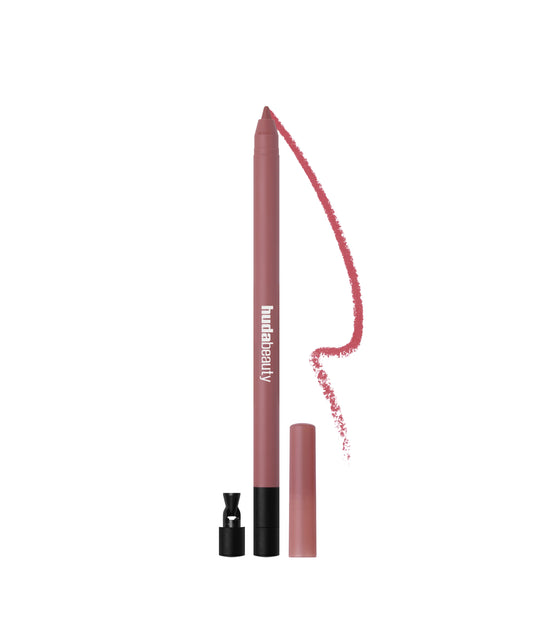 Huda Beauty Lip Contour 2.0 matte lip pencil in Muted Pink with cap, sharpener and a line swatch