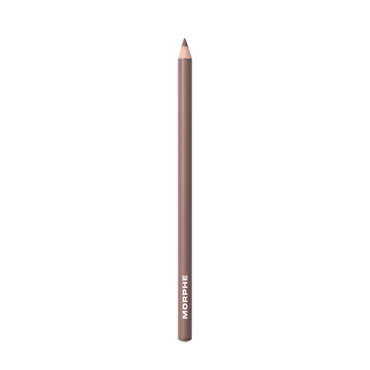 Morphe Signature Lip Pencil in Rock Steady, a sharpened gray taupe-brown lip pencil with MORPHE printed on the barrel