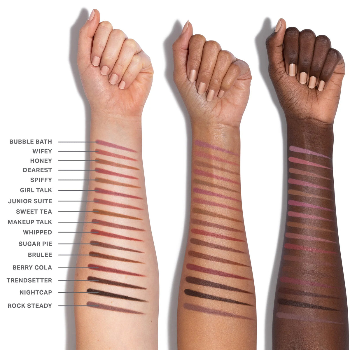 Arm swatches of Morphe Signature Lip Pencil shades