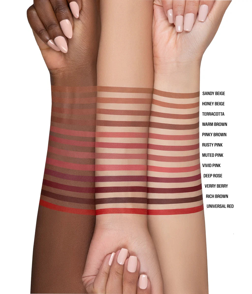 Arm swatches of all 12 Huda Beauty Lip Contour 2.0 shades on three skin tones, from Sandy Beige and Pinky Brown to Muted Pink, Deep Rose and Universal Red