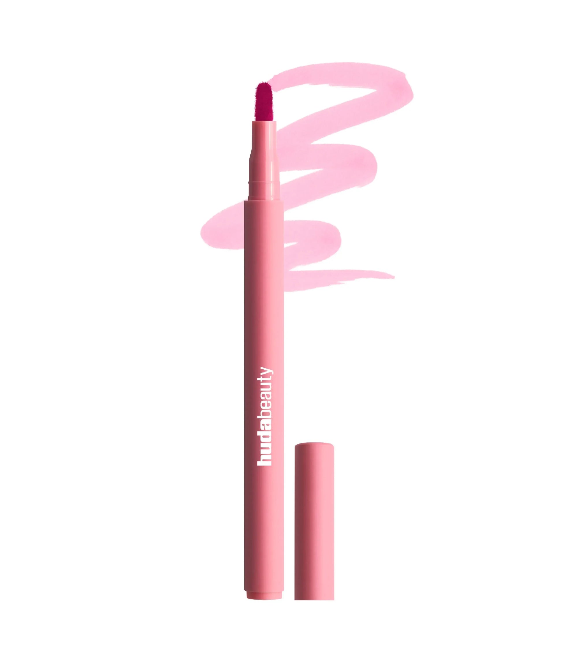 Huda Beauty Lip Contour matte lip liner pencil in Rosewood with a textured color smudge stroke at ZARÉ Cosmetics
