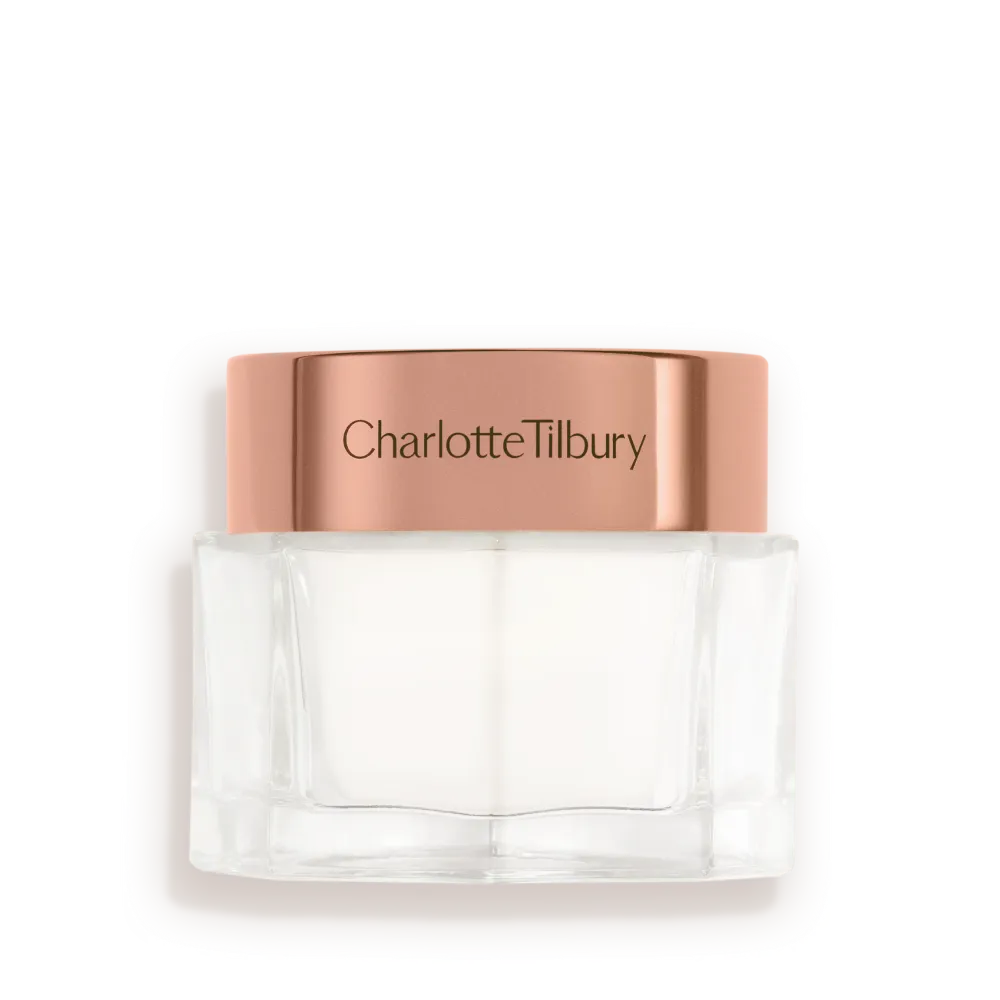 Charlotte Tilbury Magic Cream 50ml moisturizer jar with a clear glass base and a rose gold metallic cap at ZARÉ Cosmetics