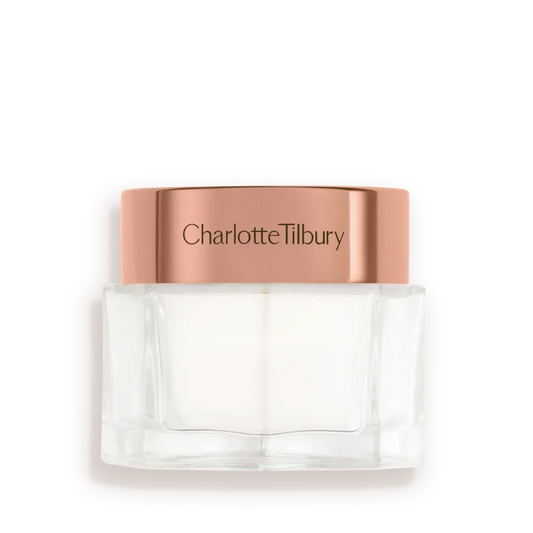 Charlotte Tilbury Magic Cream 50ml moisturizer jar with a clear glass base and a rose gold metallic cap at ZARÉ Cosmetics
