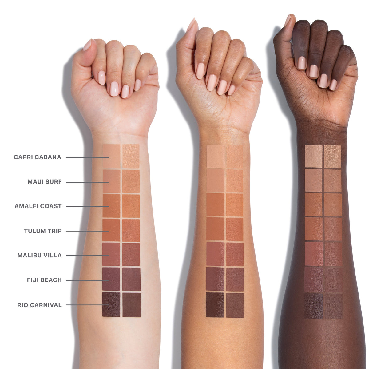 Arm swatches of Morphe Cheek Thrills Bronze & Tone Duos on three skin tones