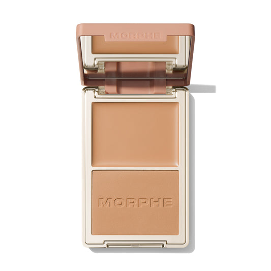 Morphe Cheek Thrills Bronze & Tone Duo in Capri Cabana, open compact with a peach satin cream and caramel velvet powder with MORPHE engraved