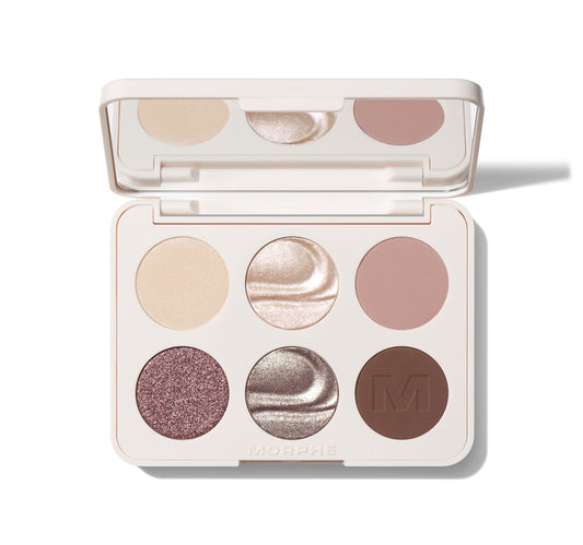 Morphe ChromaPlus 6-Pan Eyeshadow Palette in Rich Glitch, open palette with six neutral matte, shimmer and metallic shades