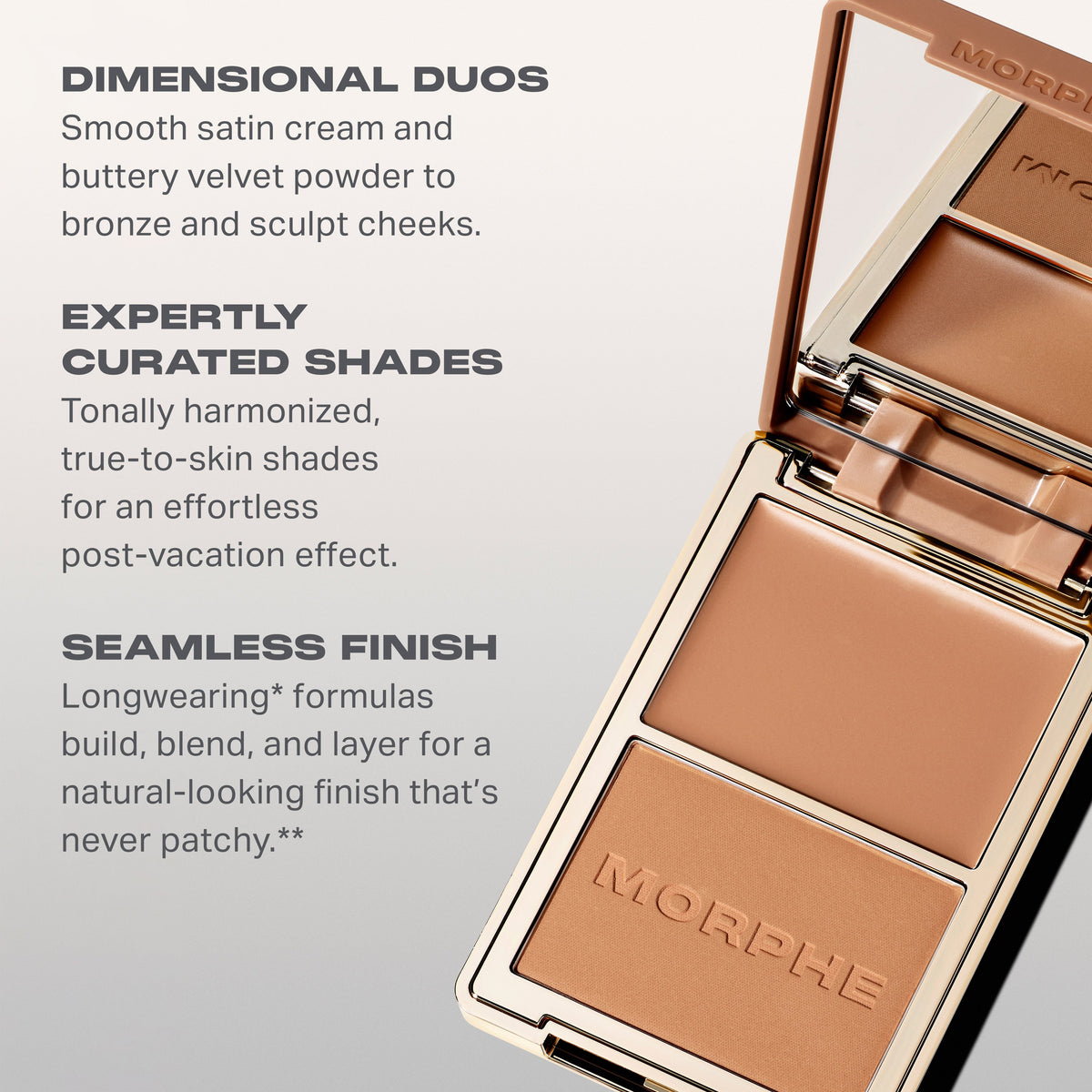 Open Morphe Cheek Thrills Bronze & Tone Duo compact with benefit callouts for dimensional duos and a seamless finish
