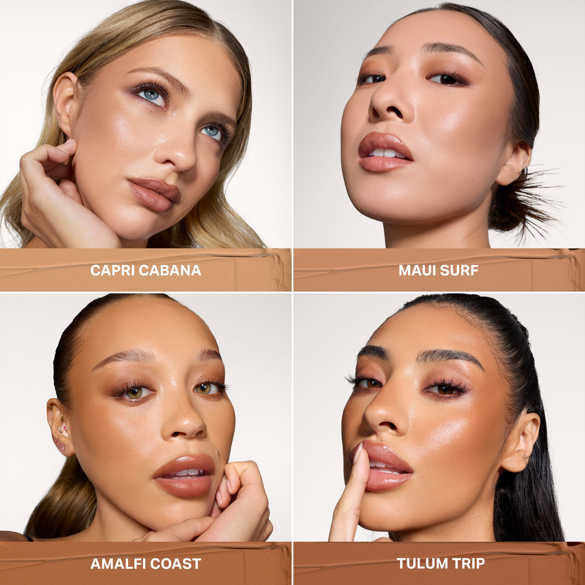 Four models wearing Morphe Cheek Thrills Bronze & Tone Duos for a sun-kissed, sculpted look