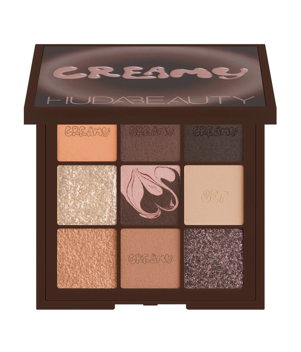 Huda Beauty Creamy Obsessions eyeshadow palette in Brown featuring nine matte and shimmer neutral shades at ZARÉ Cosmetics